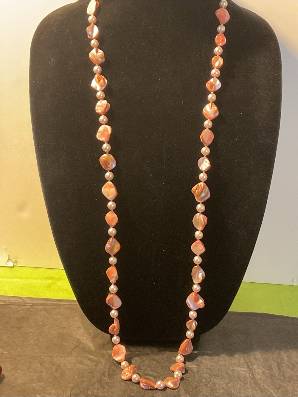 Pearl and Iridescent Pink Shell Bead Long Necklace